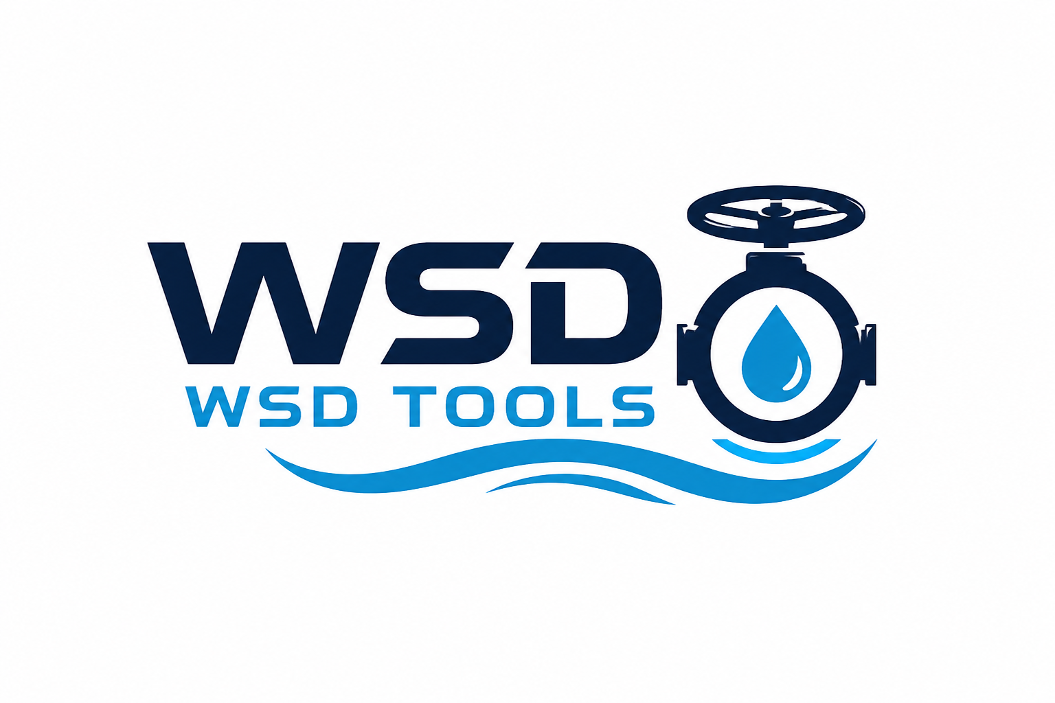 WSD Tools Wassertechnik Logo mit Ventilsymbol und Wasserwelle in Blau